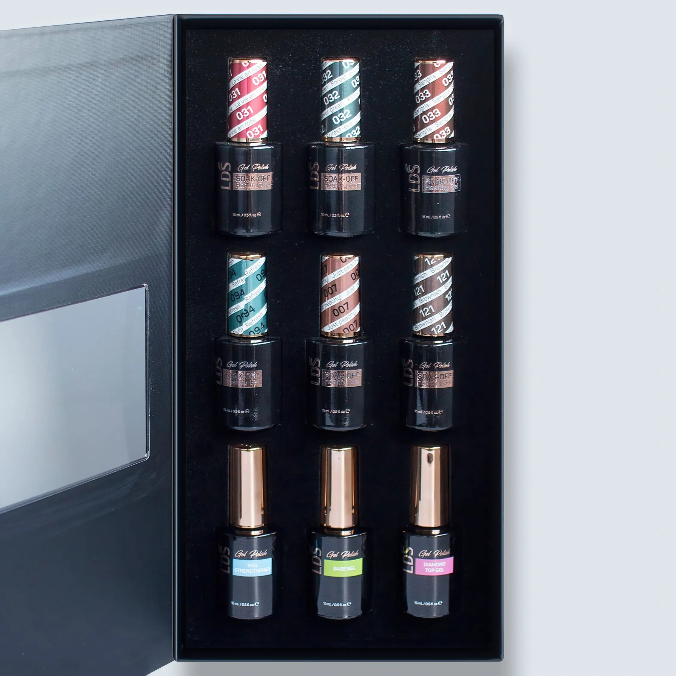LDS Holiday Collection: 6 Healthy Gel Polishes, 1 Base Gel, 1 Top Gel, 1 Strengthener - WINTER MOOD - 007; 031; 032; 033; 094; 121