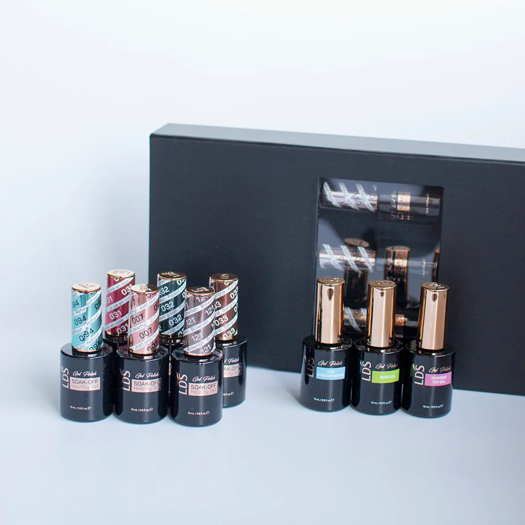 LDS Holiday Collection: 6 Healthy Gel Polishes, 1 Base Gel, 1 Top Gel, 1 Strengthener - WINTER MOOD - 007; 031; 032; 033; 094; 121