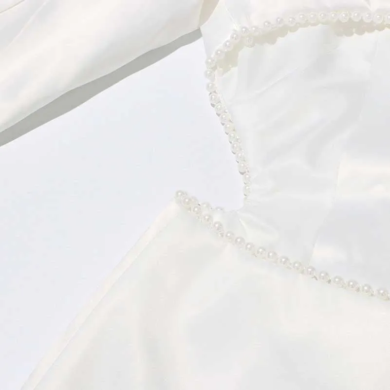 Long Sleeve Pearl Silk Suit White Hollow Tight Trousers Two-Piece Set