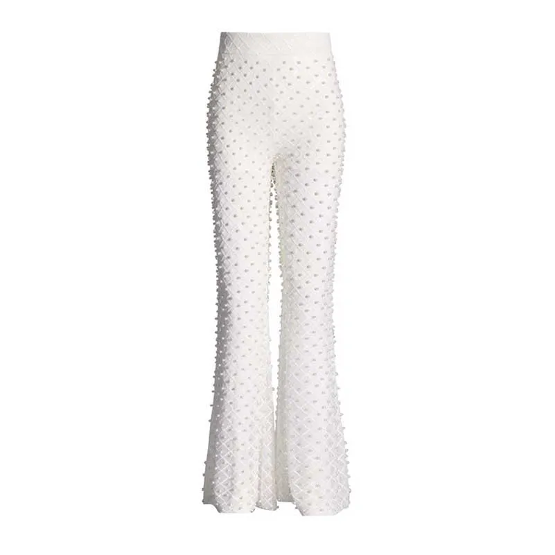 Long Sleeve Pearl Silk Suit White Hollow Tight Trousers Two-Piece Set