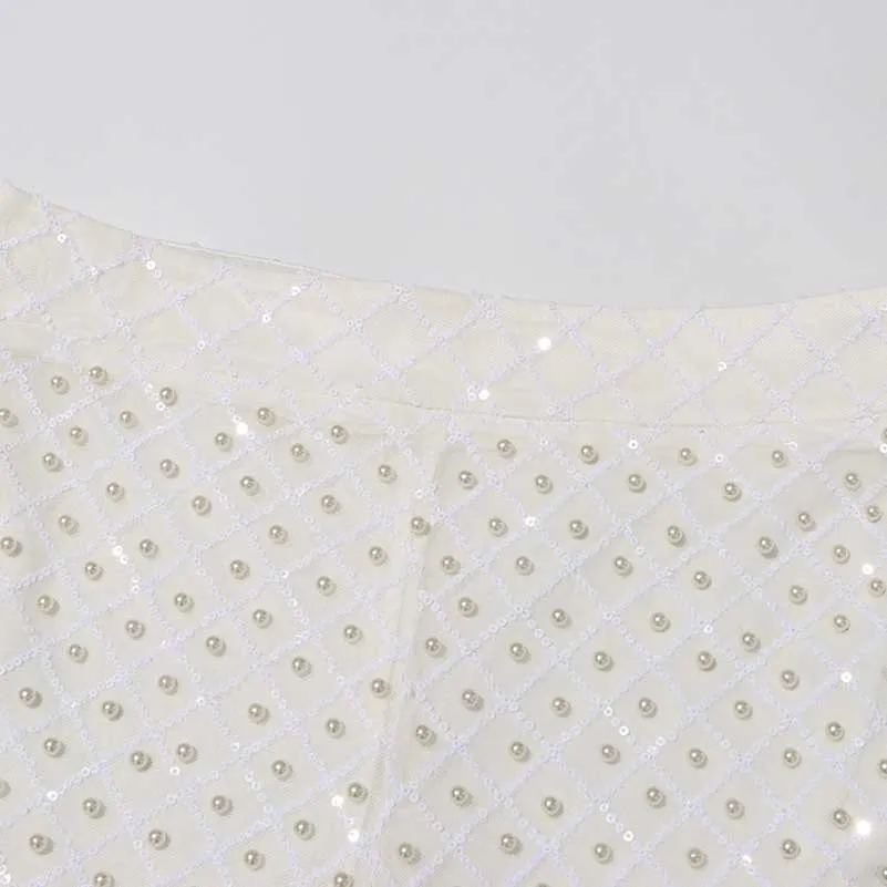 Long Sleeve Pearl Silk Suit White Hollow Tight Trousers Two-Piece Set