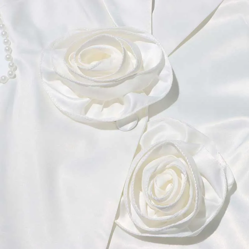 Long Sleeve Pearl Silk Suit White Hollow Tight Trousers Two-Piece Set