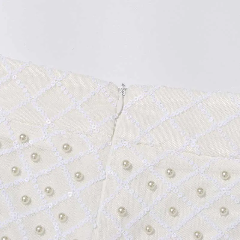 Long Sleeve Pearl Silk Suit White Hollow Tight Trousers Two-Piece Set