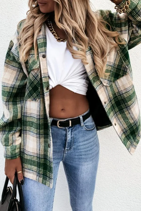 Long Sleeve Plaid Shirt Collar Jacket