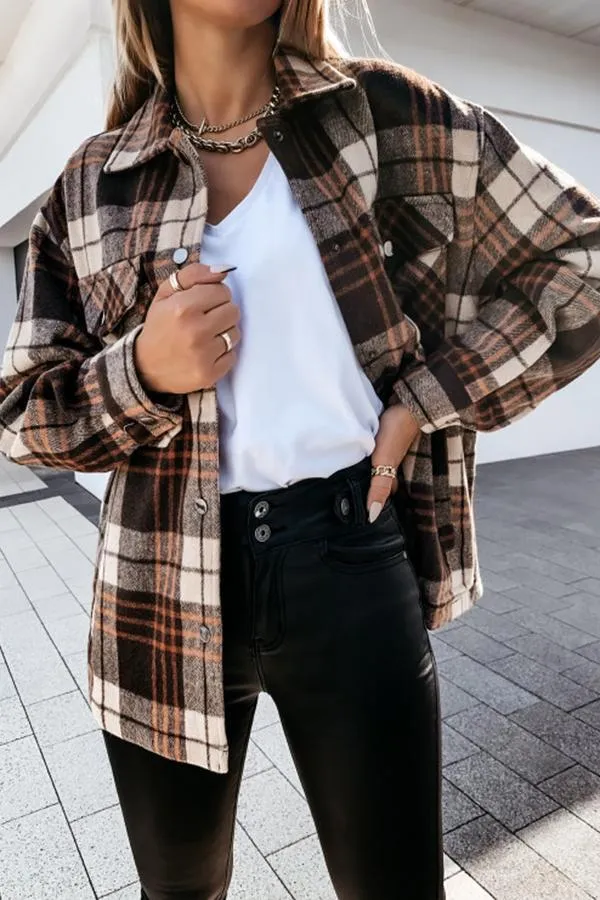 Long Sleeve Plaid Shirt Collar Jacket