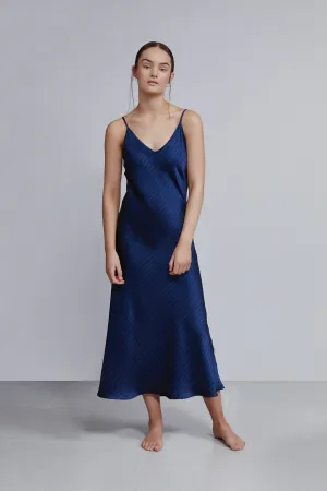 long v neck slip dress, navy pinstripe