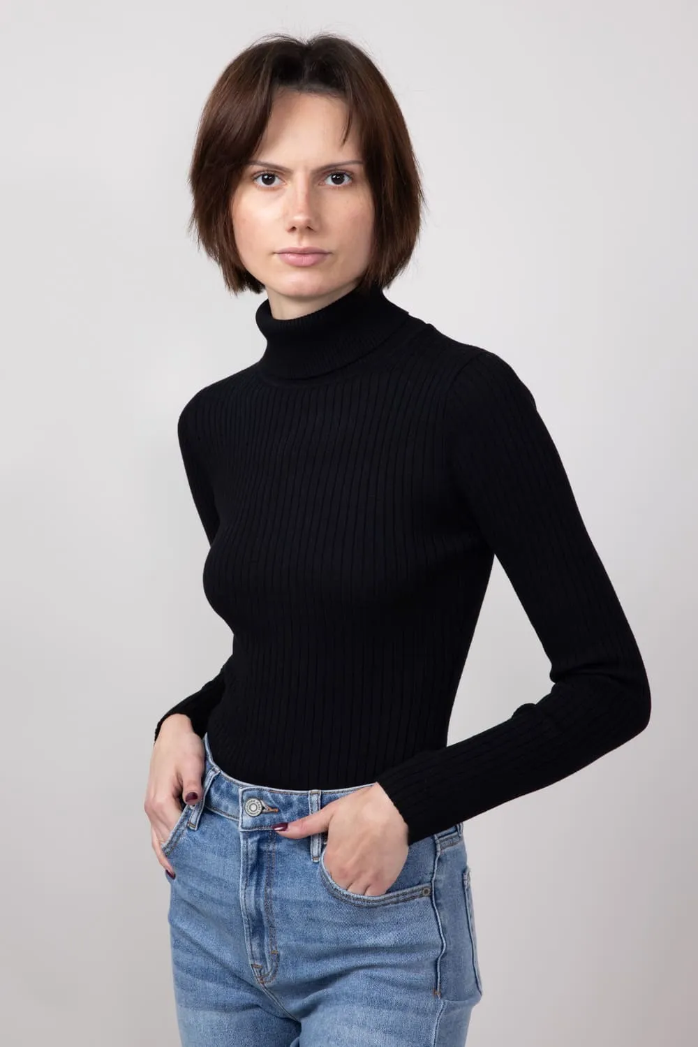 Love Tree Turtleneck Long Sleeve Bodysuit for Women in Black | 9792WN-BLACK