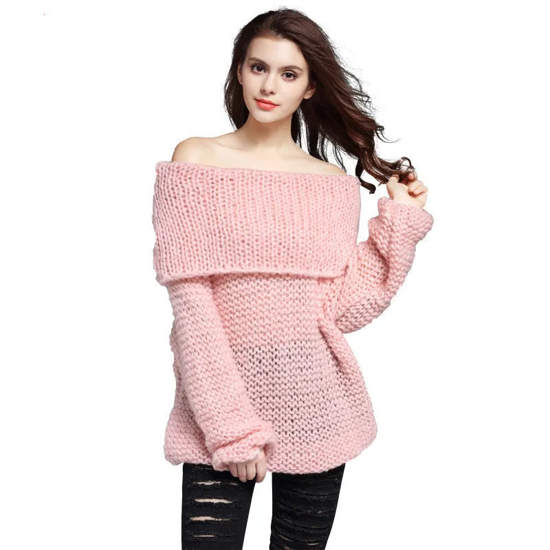 Lovely Pink Women Sweater Slash Neck Off Shoulder Loose Long Sleeve Hollow Coarse Lines Knitted Pullovers