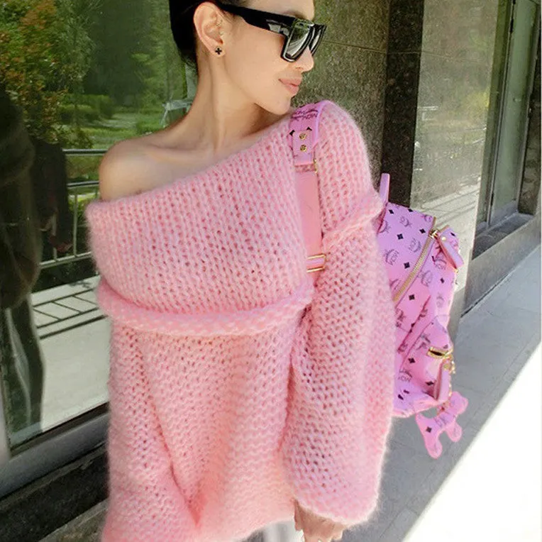 Lovely Pink Women Sweater Slash Neck Off Shoulder Loose Long Sleeve Hollow Coarse Lines Knitted Pullovers