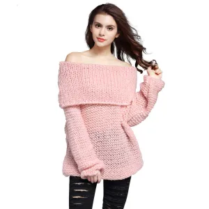 Lovely Pink Women Sweater Slash Neck Off Shoulder Loose Long Sleeve Hollow Coarse Lines Knitted Pullovers