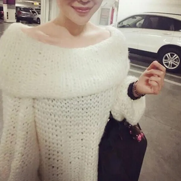 Lovely Pink Women Sweater Slash Neck Off Shoulder Loose Long Sleeve Hollow Coarse Lines Knitted Pullovers