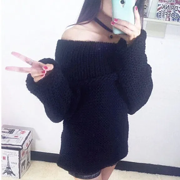 Lovely Pink Women Sweater Slash Neck Off Shoulder Loose Long Sleeve Hollow Coarse Lines Knitted Pullovers