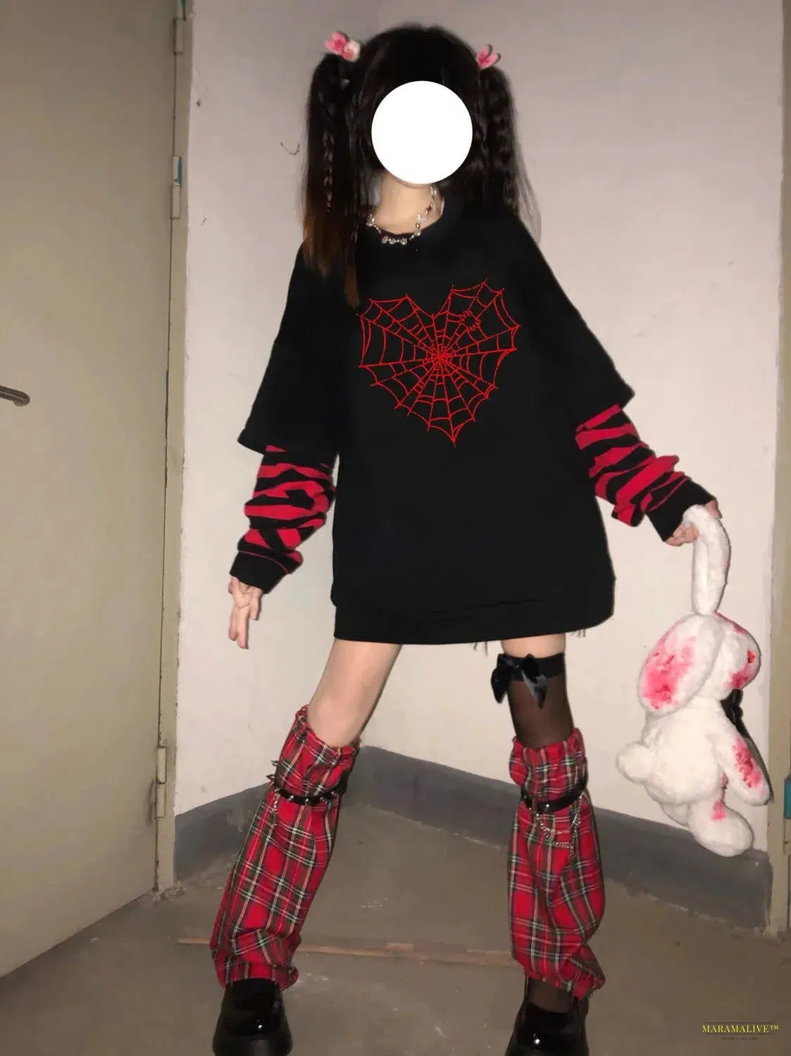 Maramalive™ GIRL Sweet Women Goth Harajuku Black Long Sleeve  Fake Two-piece Spider web Japanese Punk Streetwear Alt E-Girl sweatshirt