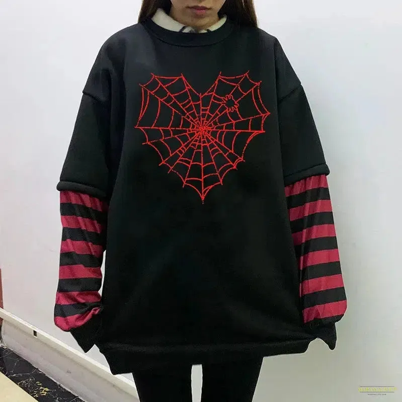Maramalive™ GIRL Sweet Women Goth Harajuku Black Long Sleeve  Fake Two-piece Spider web Japanese Punk Streetwear Alt E-Girl sweatshirt
