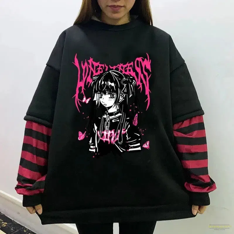 Maramalive™ GIRL Sweet Women Goth Harajuku Black Long Sleeve  Fake Two-piece Spider web Japanese Punk Streetwear Alt E-Girl sweatshirt