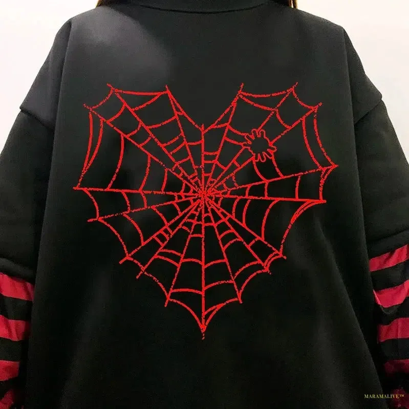Maramalive™ GIRL Sweet Women Goth Harajuku Black Long Sleeve  Fake Two-piece Spider web Japanese Punk Streetwear Alt E-Girl sweatshirt