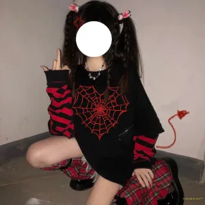Maramalive™ GIRL Sweet Women Goth Harajuku Black Long Sleeve  Fake Two-piece Spider web Japanese Punk Streetwear Alt E-Girl sweatshirt