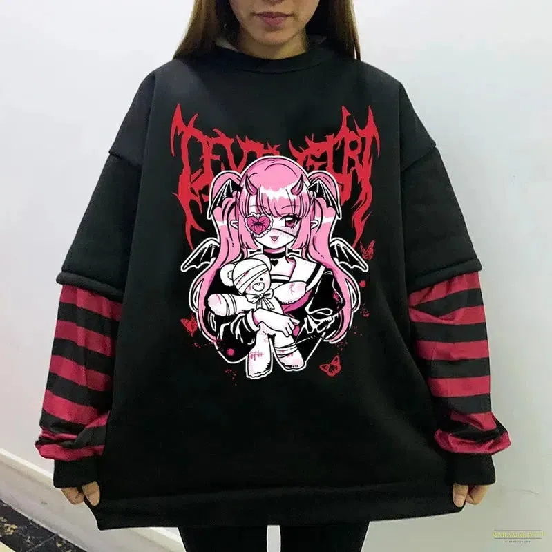 Maramalive™ GIRL Sweet Women Goth Harajuku Black Long Sleeve  Fake Two-piece Spider web Japanese Punk Streetwear Alt E-Girl sweatshirt