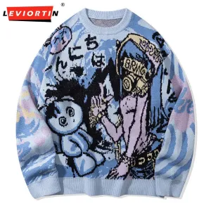 Men's China-Chic Vintage Funny Cartoon Autumn and Winter 2024 Loose Versatile Couple Round Neck Long Sleeve Knitted Sweater