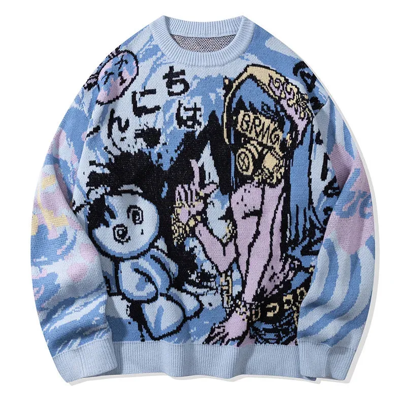Men's China-Chic Vintage Funny Cartoon Autumn and Winter 2024 Loose Versatile Couple Round Neck Long Sleeve Knitted Sweater