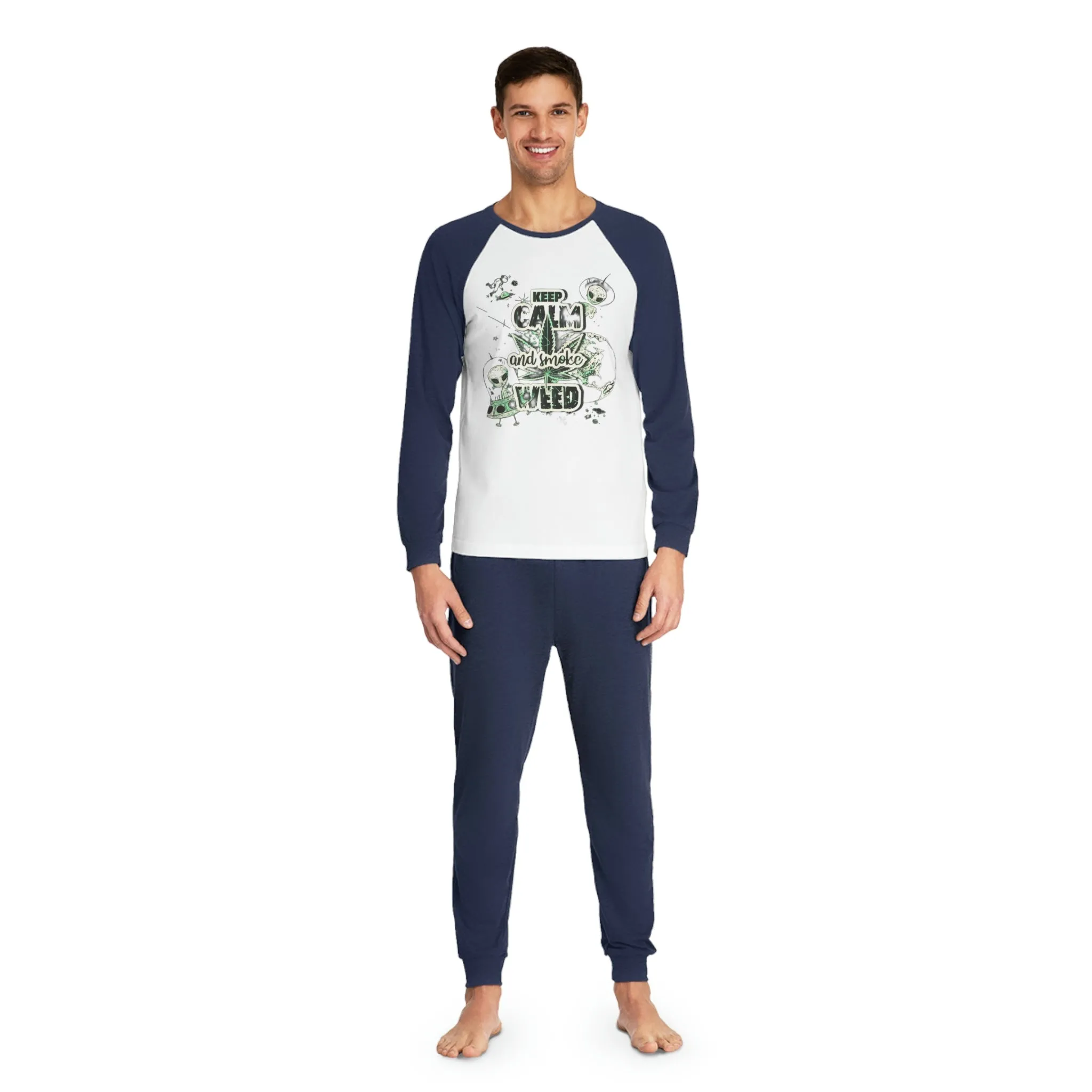 Men's Keep Calm and Smoke Weed Graphic Cotton Raglan Sleeve Pajama Set