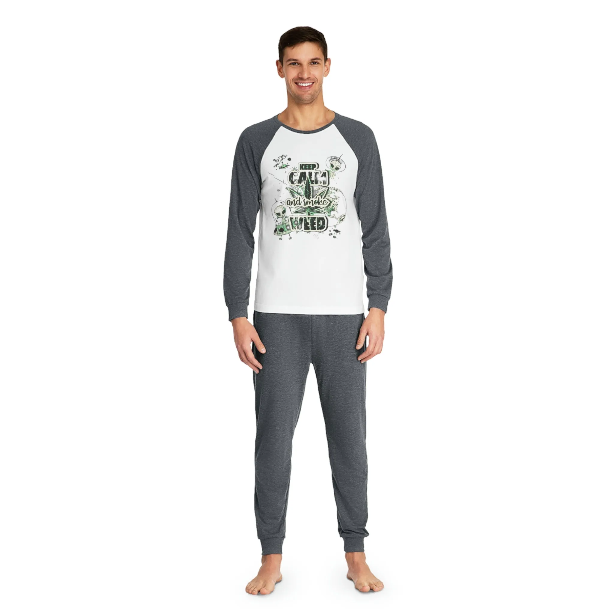 Men's Keep Calm and Smoke Weed Graphic Cotton Raglan Sleeve Pajama Set