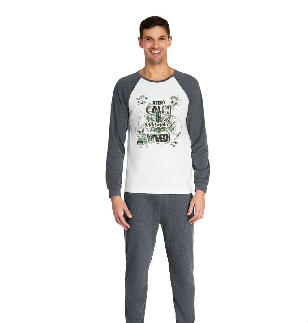 Men's Keep Calm and Smoke Weed Graphic Cotton Raglan Sleeve Pajama Set