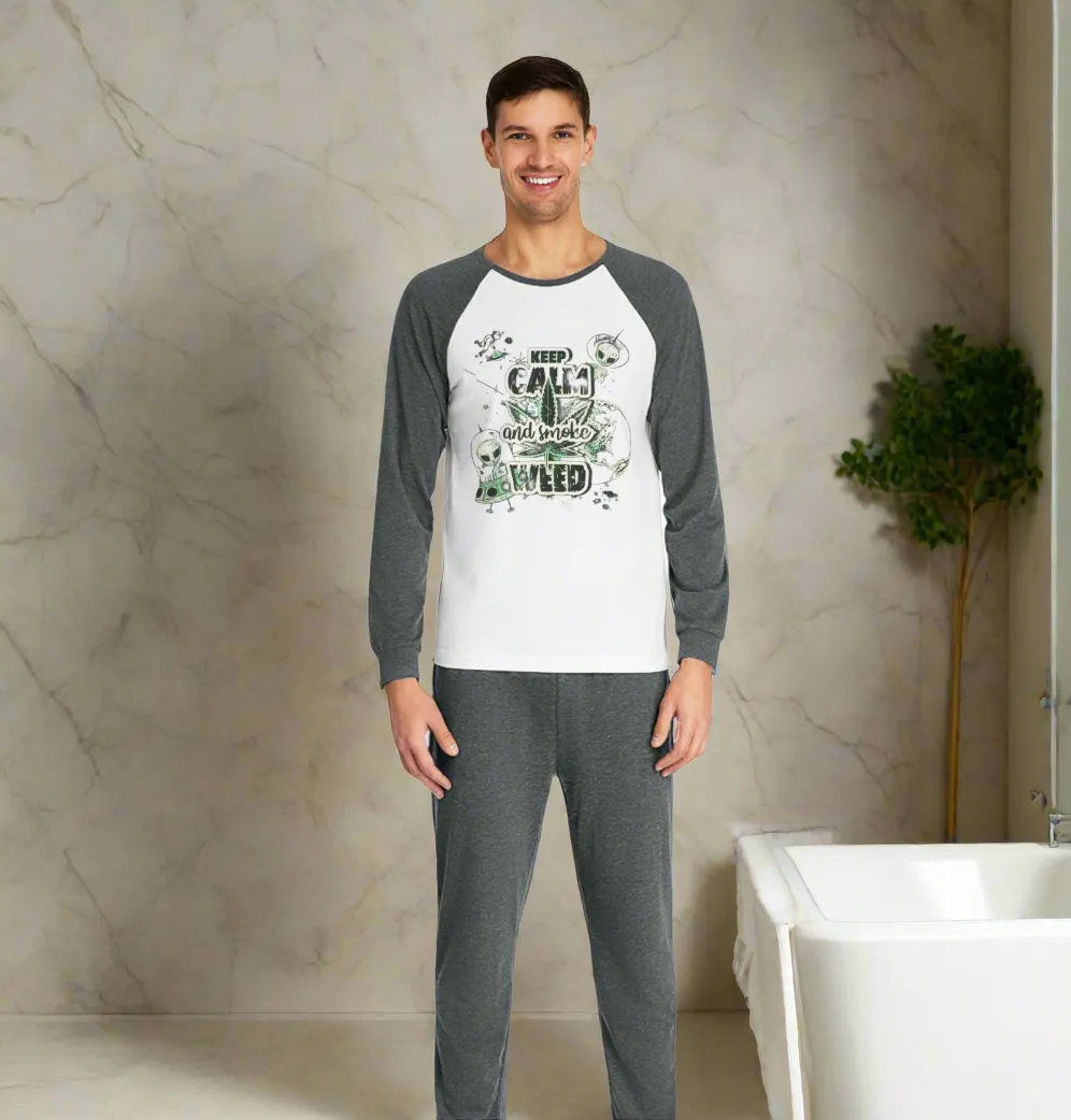 Men's Keep Calm and Smoke Weed Graphic Cotton Raglan Sleeve Pajama Set