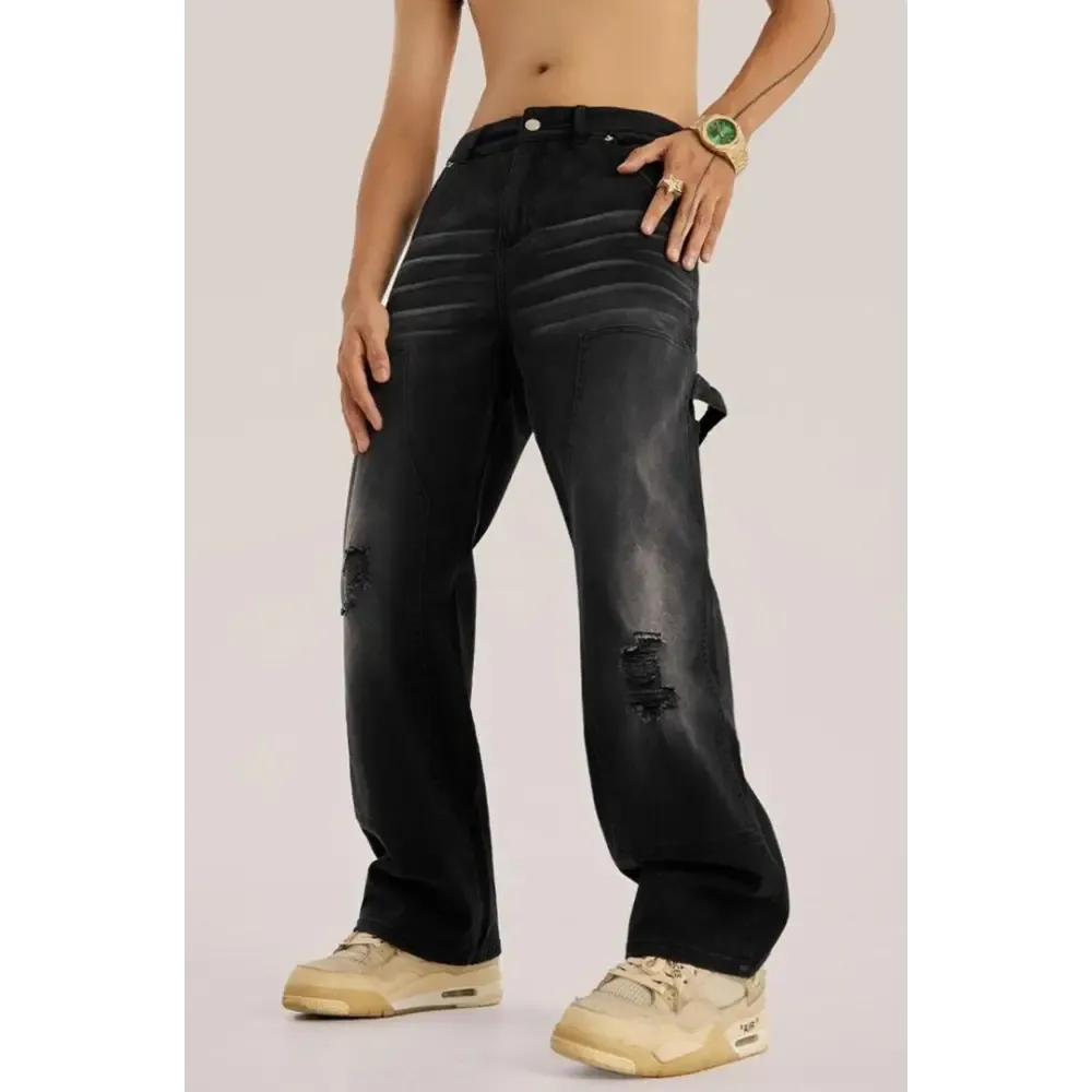 Mid-Rise Washed Distressed Jeans with Cargo Details