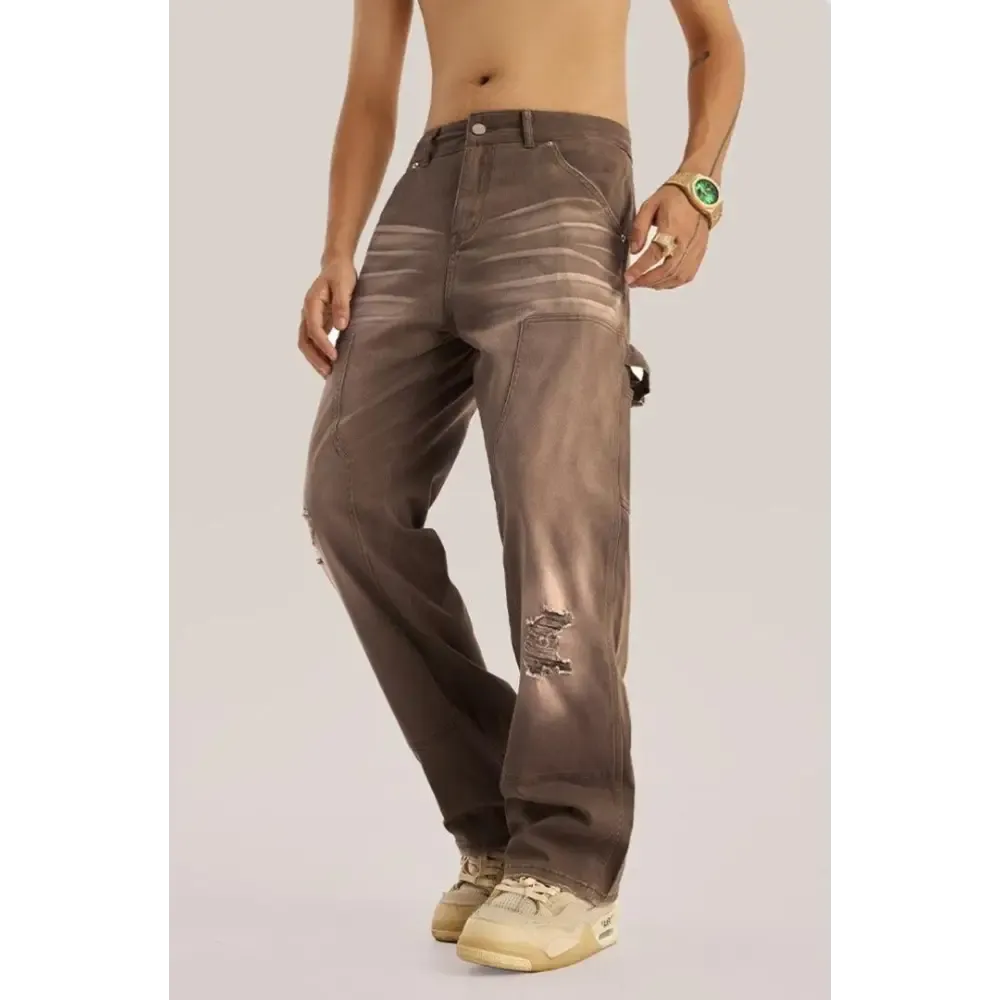 Mid-Rise Washed Distressed Jeans with Cargo Details