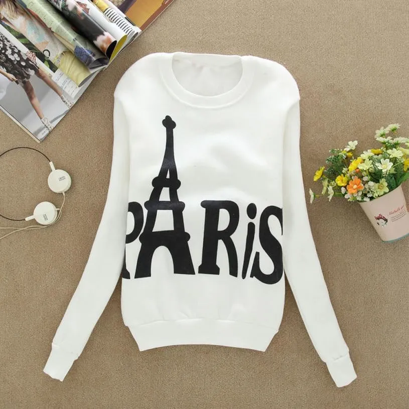 Modern Spring Autumn Winter Womens Long Sleeve Printed Pullover casual Sweatshirts Blouse Tops Cotton Eiffel Tower Pattem H17