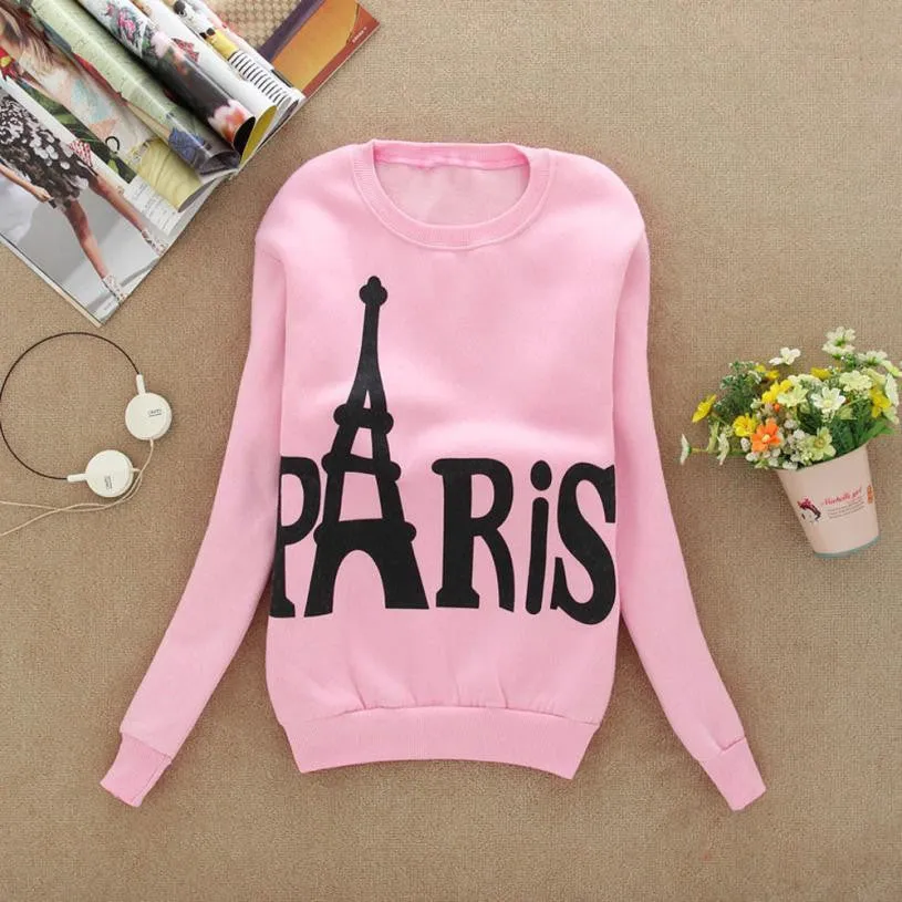 Modern Spring Autumn Winter Womens Long Sleeve Printed Pullover casual Sweatshirts Blouse Tops Cotton Eiffel Tower Pattem H17