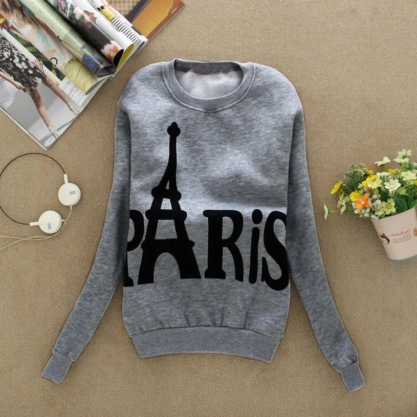 Modern Spring Autumn Winter Womens Long Sleeve Printed Pullover casual Sweatshirts Blouse Tops Cotton Eiffel Tower Pattem H17