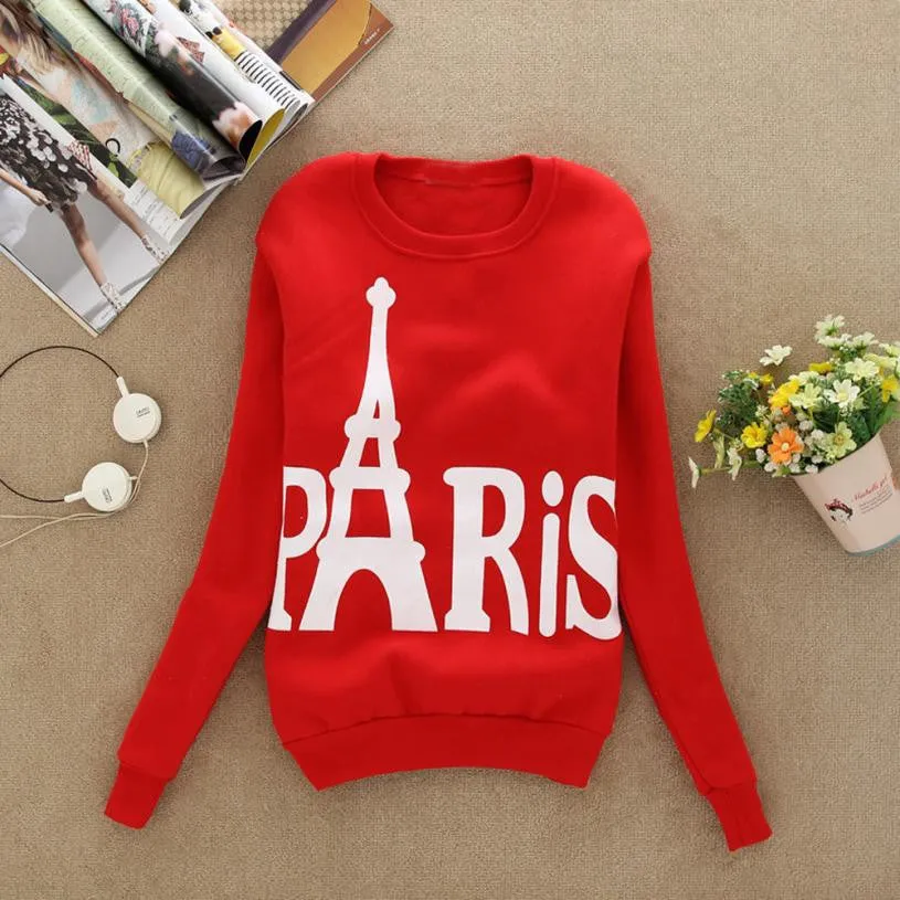 Modern Spring Autumn Winter Womens Long Sleeve Printed Pullover casual Sweatshirts Blouse Tops Cotton Eiffel Tower Pattem H17