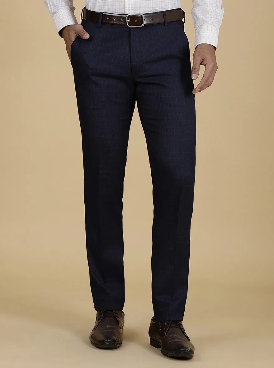 Navy Blue Checked Super Slim Fit Formal Trouser | Greenfibre