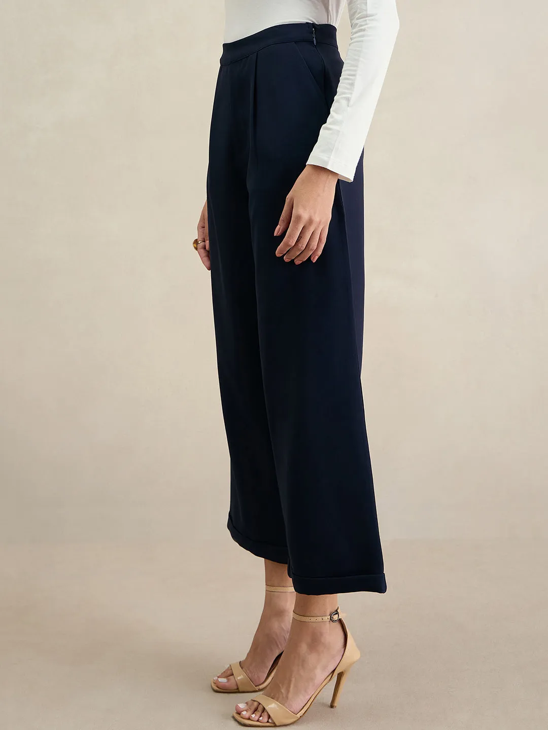 Navy Wide Legged Bottom Fold Up Detail Trousers