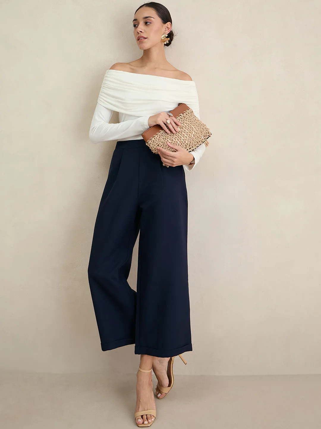 Navy Wide Legged Bottom Fold Up Detail Trousers