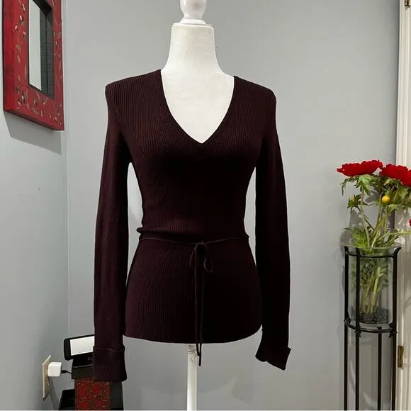 NEW BCBGMaxAzria Longline Ribbed Belted V Neck Fitted Layering Sweater S NWT