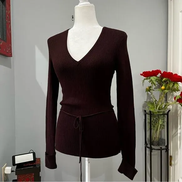 NEW BCBGMaxAzria Longline Ribbed Belted V Neck Fitted Layering Sweater S NWT