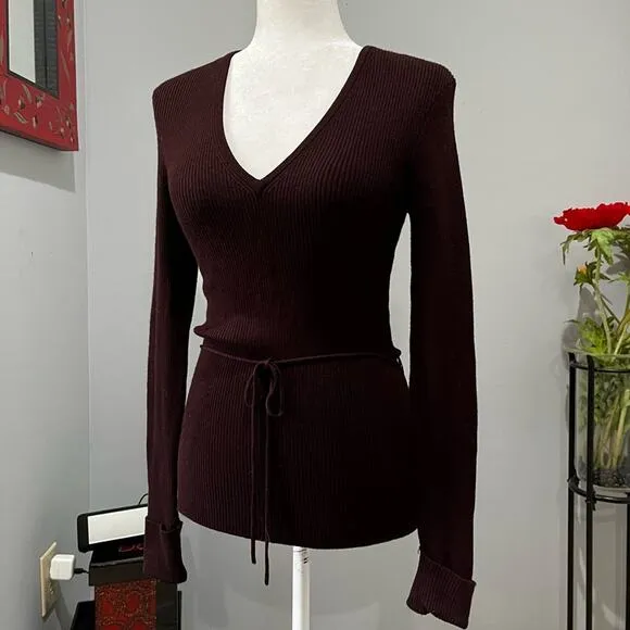 NEW BCBGMaxAzria Longline Ribbed Belted V Neck Fitted Layering Sweater S NWT