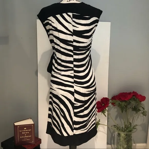 New Bebe Silk Zebra Print V-neck Babydoll Tie Waist Dress Black White Sz XS NWOT
