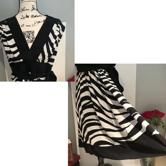 New Bebe Silk Zebra Print V-neck Babydoll Tie Waist Dress Black White Sz XS NWOT