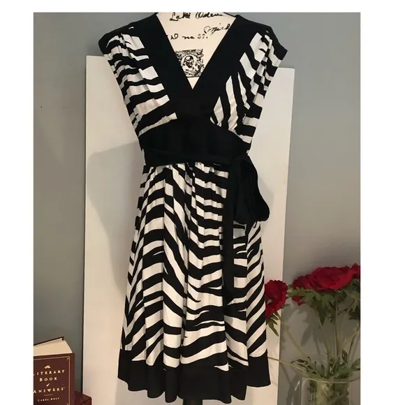 New Bebe Silk Zebra Print V-neck Babydoll Tie Waist Dress Black White Sz XS NWOT