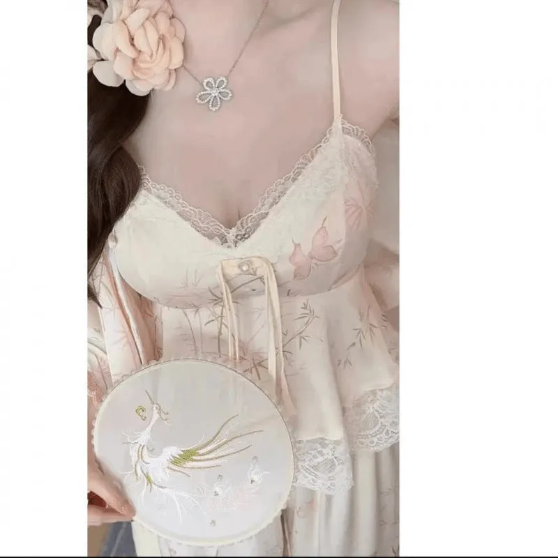 New Chinese Style Pajamas Women's Summer Sexy Ice Silk Sling Port Two-piece Set