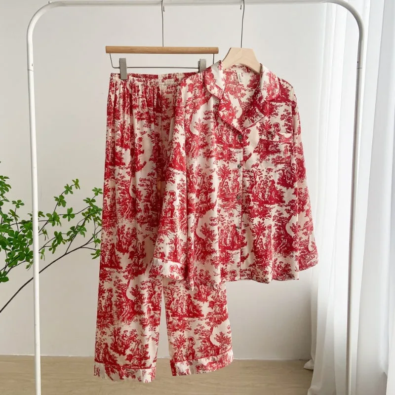 New Ink Printing Ice Silk Pajamas Women's Long-sleeved Homewear