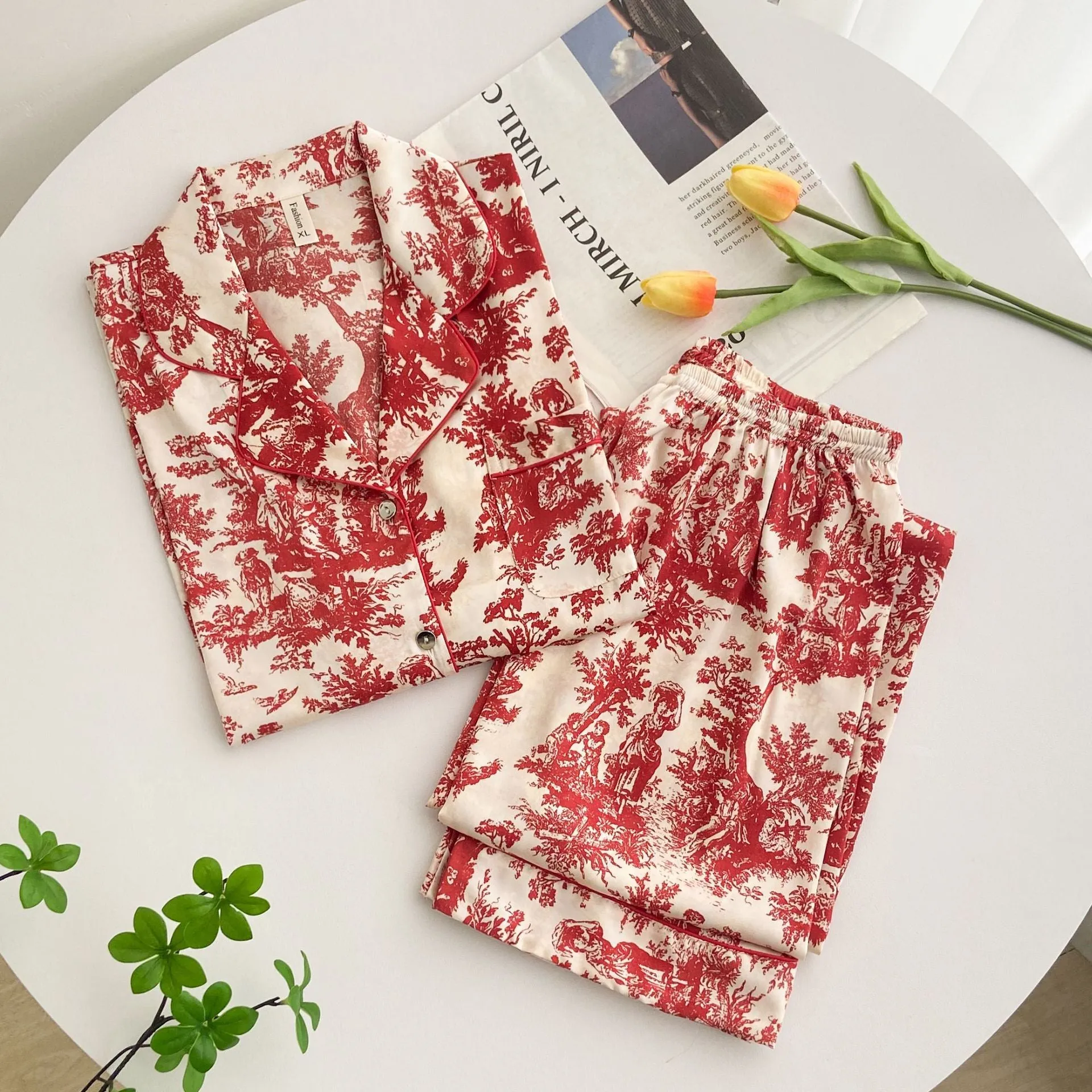 New Ink Printing Ice Silk Pajamas Women's Long-sleeved Homewear
