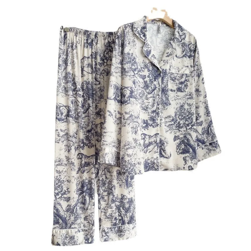 New Ink Printing Ice Silk Pajamas Women's Long-sleeved Homewear