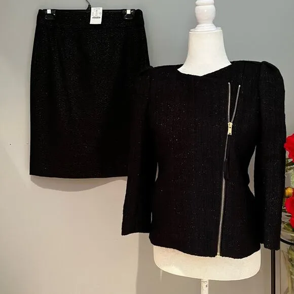 NEW J. Crew Wool Cashmere Metallic Shimmer Career Work Pencil Knee Skirt Blac…