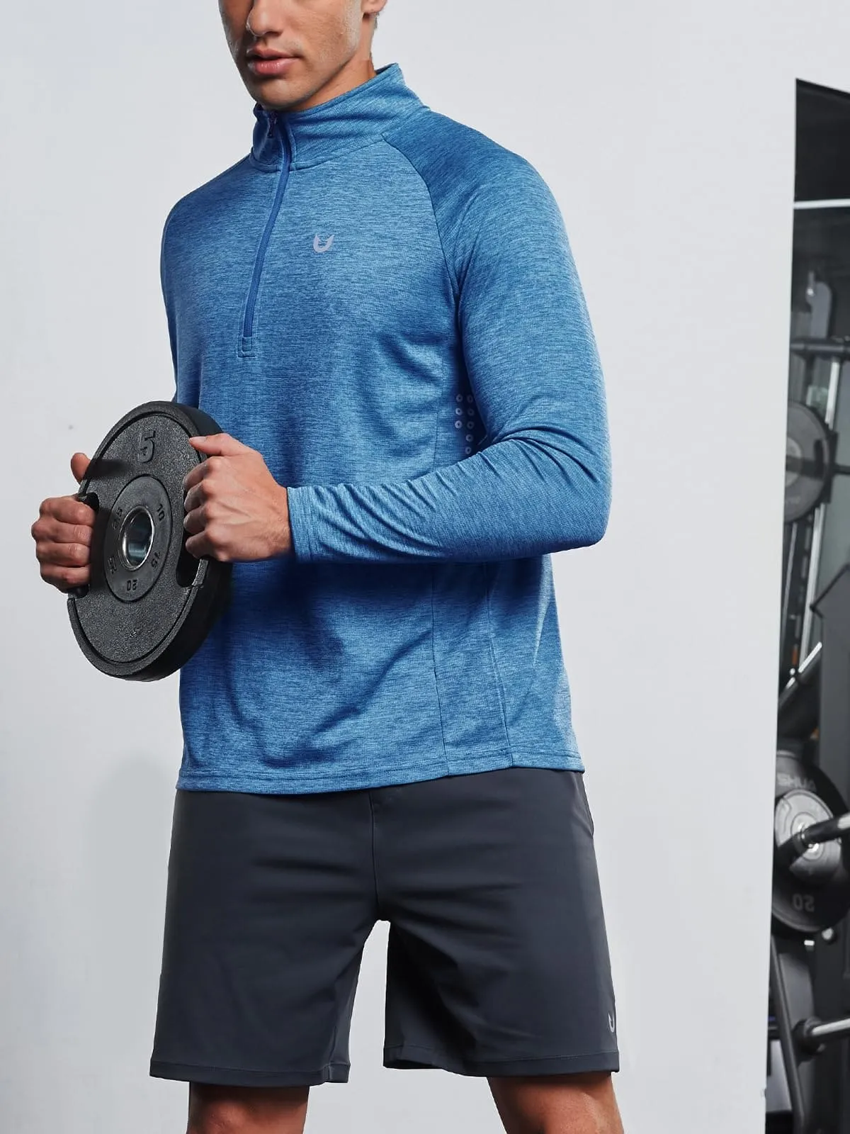 NORTHYARD Men's Running Shirt Long Sleeve Quarter Zip Pullover Moisture Wicking Quick Dry Athletic Workout Shirts BLUEHEATHER