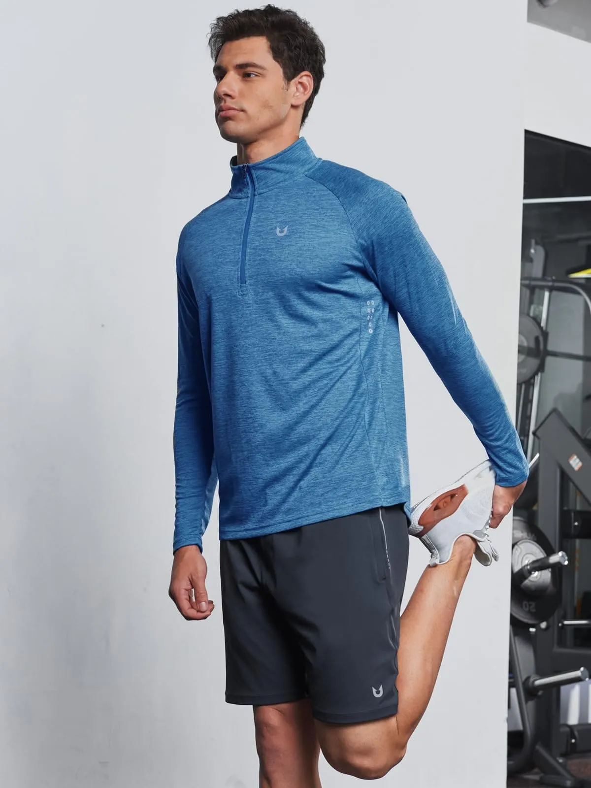 NORTHYARD Men's Running Shirt Long Sleeve Quarter Zip Pullover Moisture Wicking Quick Dry Athletic Workout Shirts BLUEHEATHER